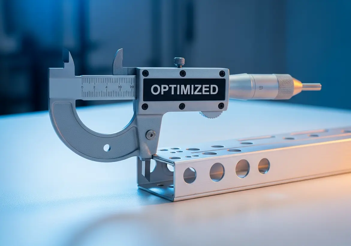 A precision micrometer caliper labeled "OPTIMIZED" measuring a metal rail on a blue surface.