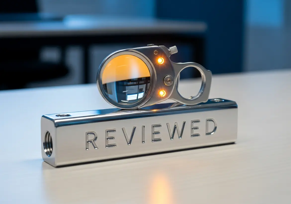 A polished metallic bar engraved with the word "REVIEWED" supporting a futuristic, silver inspection loupe with glowing amber indicators on a clean white desk.
