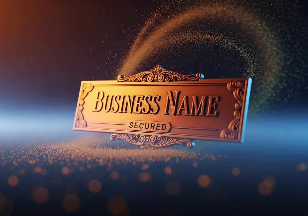 A 3D rendered elegant bronze plaque featuring the words "Business Name Secured" surrounded by golden sparkling dust on a professional blue and orange gradient background.