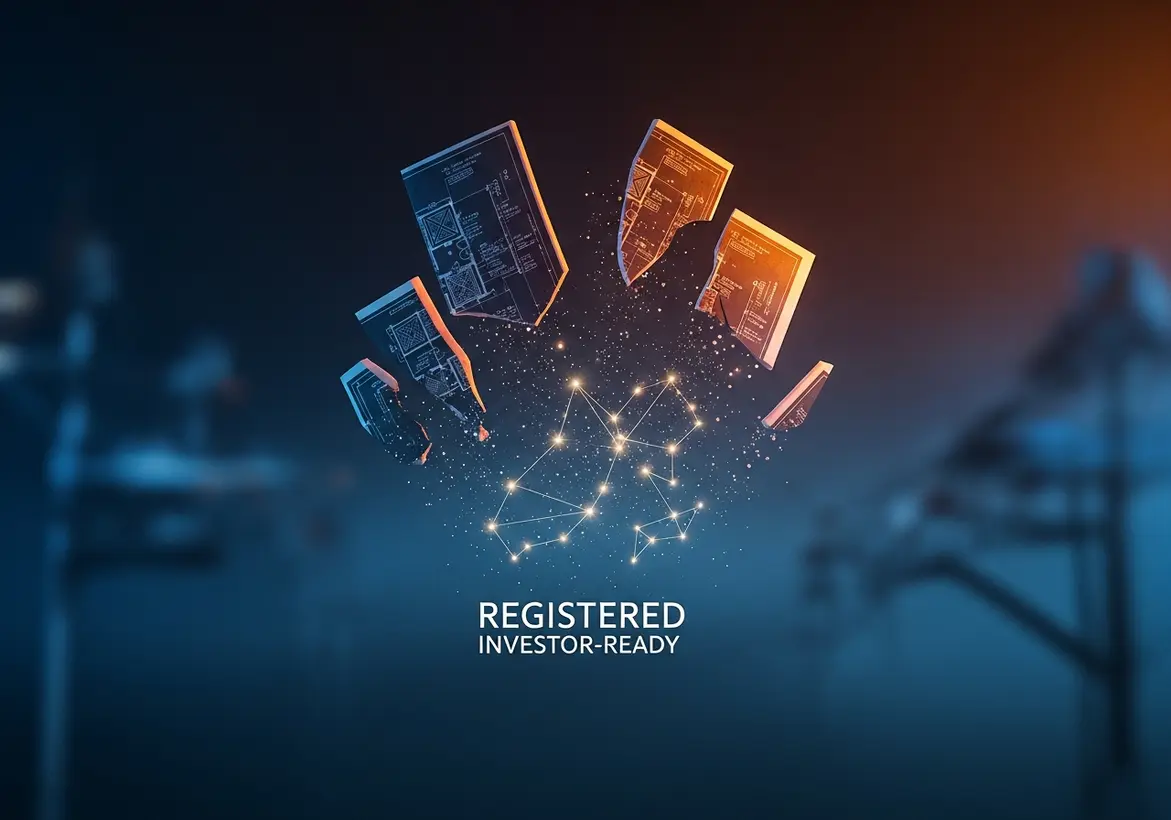 A conceptual digital illustration showing architectural blueprints breaking apart and transforming into a glowing network of connected nodes above the text "REGISTERED INVESTOR-READY."