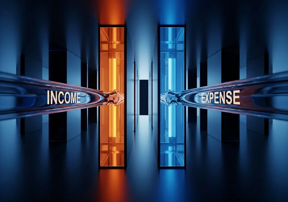 A conceptual 3D render of a futuristic corridor with glowing orange and blue portals labeled "INCOME" and "EXPENSE," representing the balance of financial data flows.
