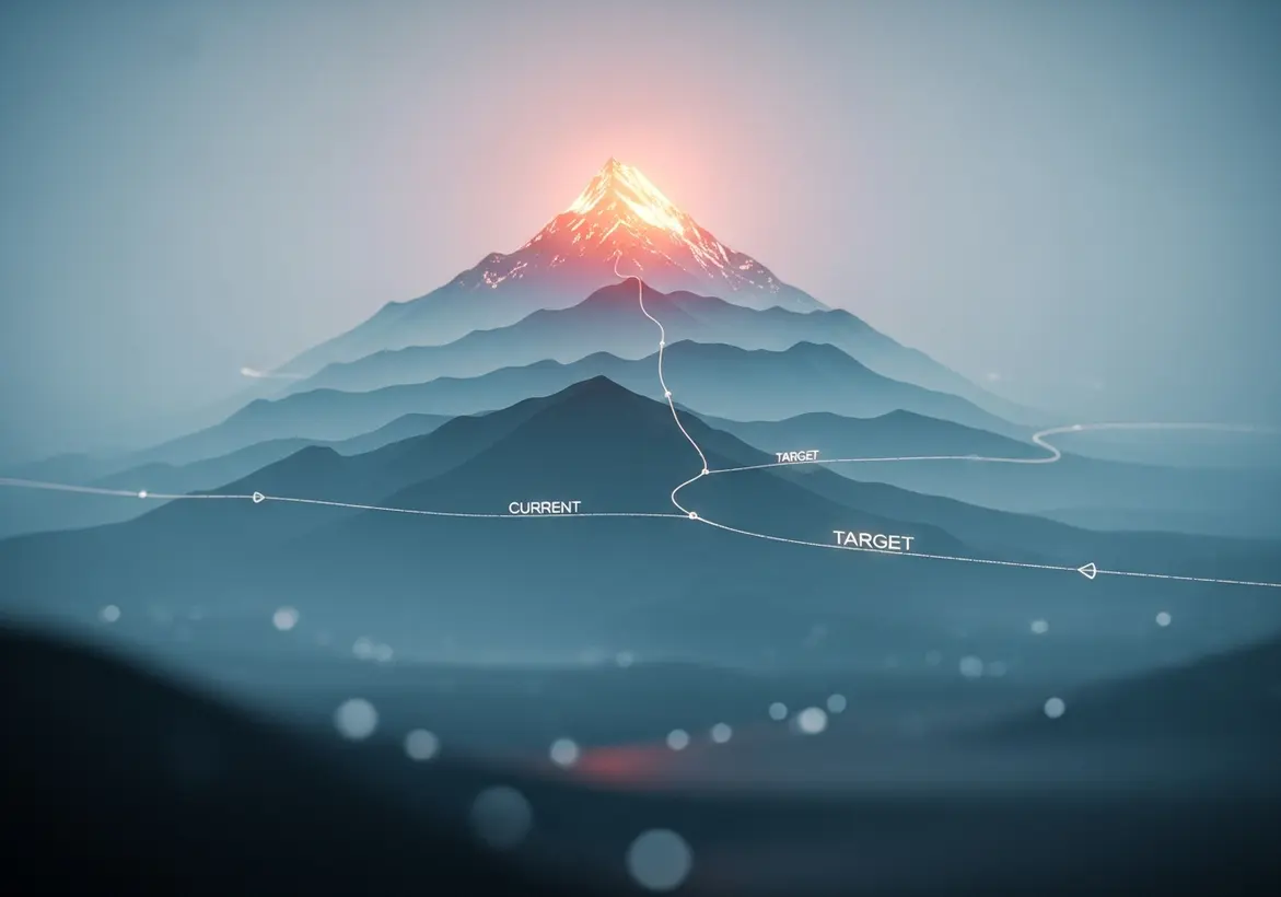 A conceptual 3D map showing a glowing mountain peak with paths labeled "CURRENT" and "TARGET," representing a strategic financial roadmap and growth milestones.