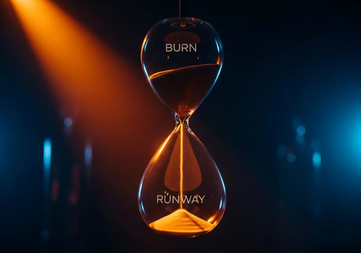 An hourglass with the words "BURN" in the top bulb and "RUNWAY" in the bottom bulb, symbolizing the relationship between spending and time in business.