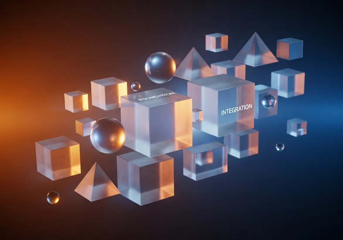 Floating geometric glass cubes and spheres in blue and orange light, with two central cubes labeled "Foundation" and "Integration" representing a modular tech stack.