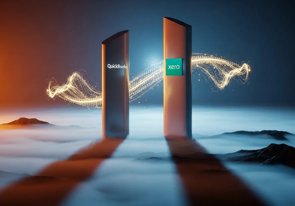 Abstract 3D visualization showing two metallic pillars labeled QuickBooks and Xero, connected by flowing digital data streams in a futuristic cloud landscape.