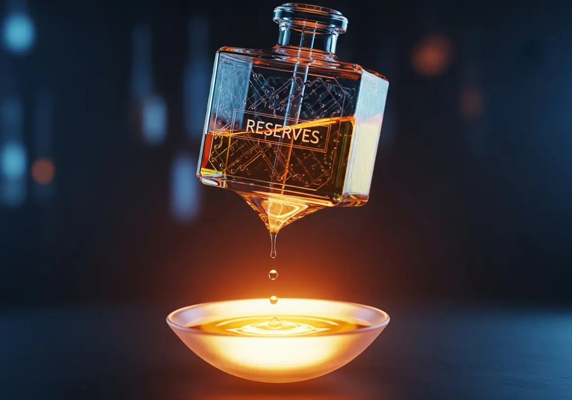 A conceptual 3D render of a glass decanter labeled "RESERVES" slowly dripping golden liquid into a glowing bowl, representing the steady accumulation of liquidity.