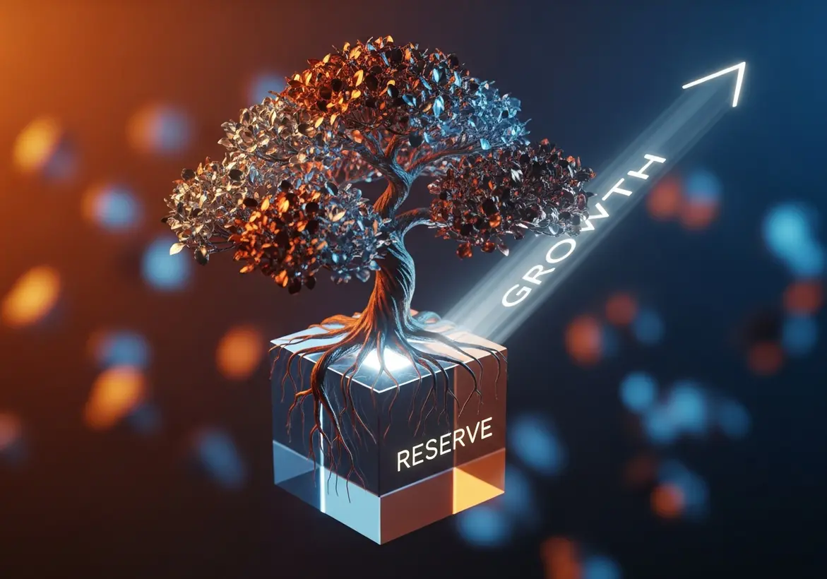 A metallic bonsai tree growing out of a glass cube labeled "RESERVE," with a glowing arrow pointing upward labeled "GROWTH," symbolizing financial stability as the root of expansion.
