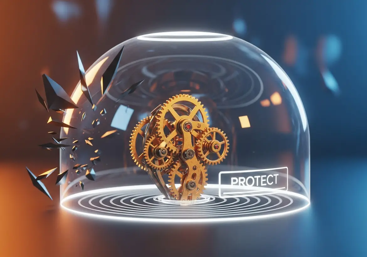 Complex golden clockwork gears protected by a transparent glass dome labeled "PROTECT," illustrating how a cash reserve shields the inner workings of a business.
