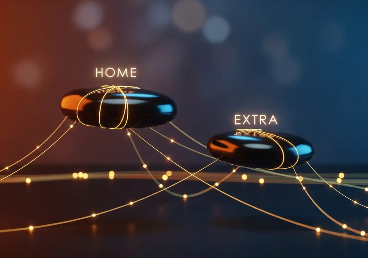 Two dark, polished stones labeled "HOME" and "EXTRA" connected by glowing golden fibers, representing the link between a home province and extra-provincial registration.