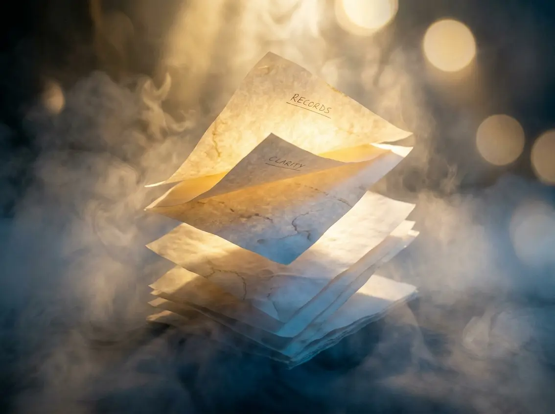 A stack of glowing, illuminated documents labeled "RECORDS" and "CLARITY" emerging through mist