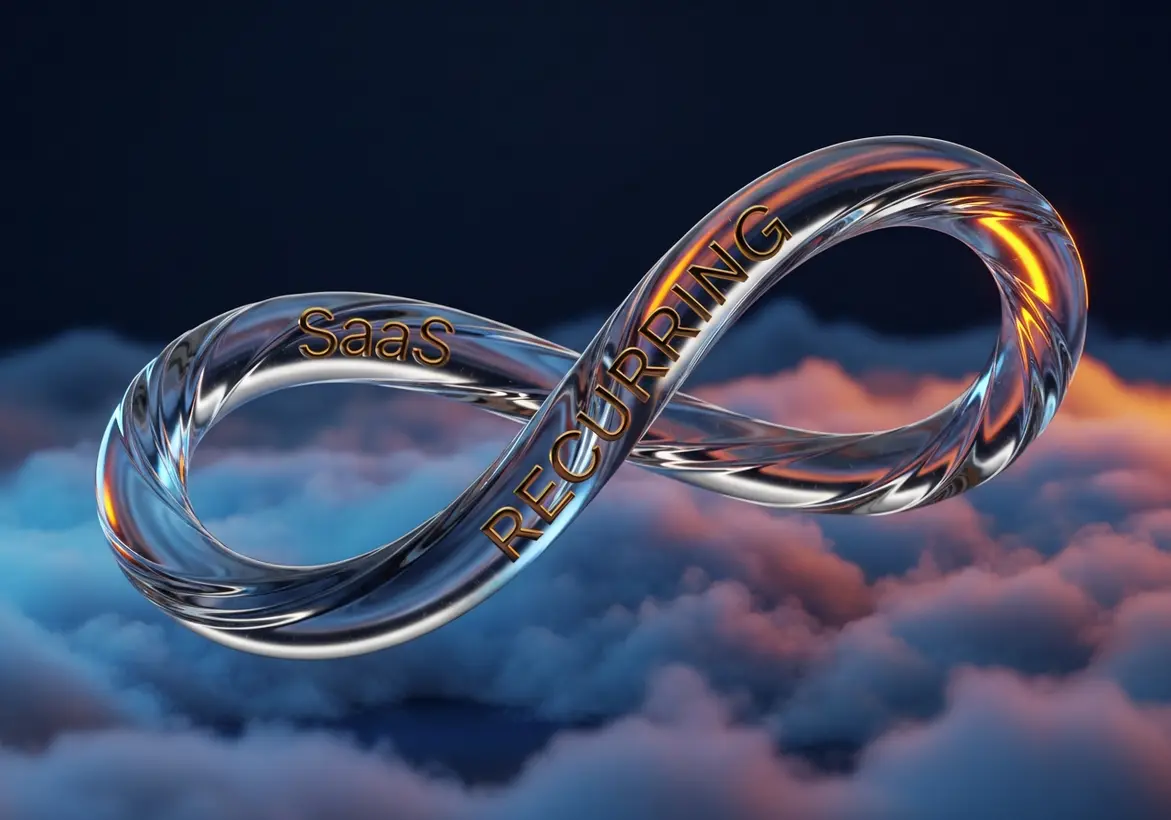 A metallic, reflective infinity symbol with the words "SaaS" and "RECURRING" engraved on it, floating above a bed of soft clouds at sunset.