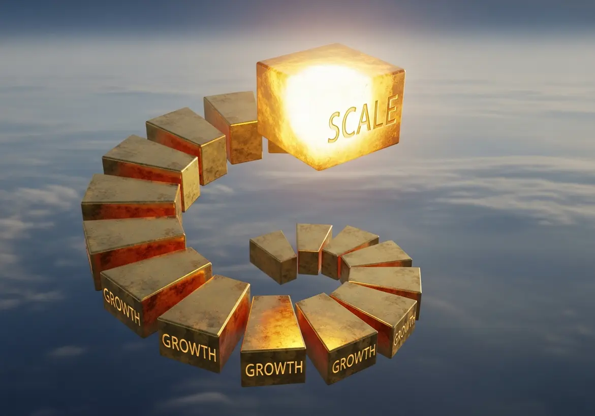 A golden spiral staircase floating in a blue sky where the lower steps are stamped with "GROWTH," leading up to a large glowing cube at the top labeled "SCALE."