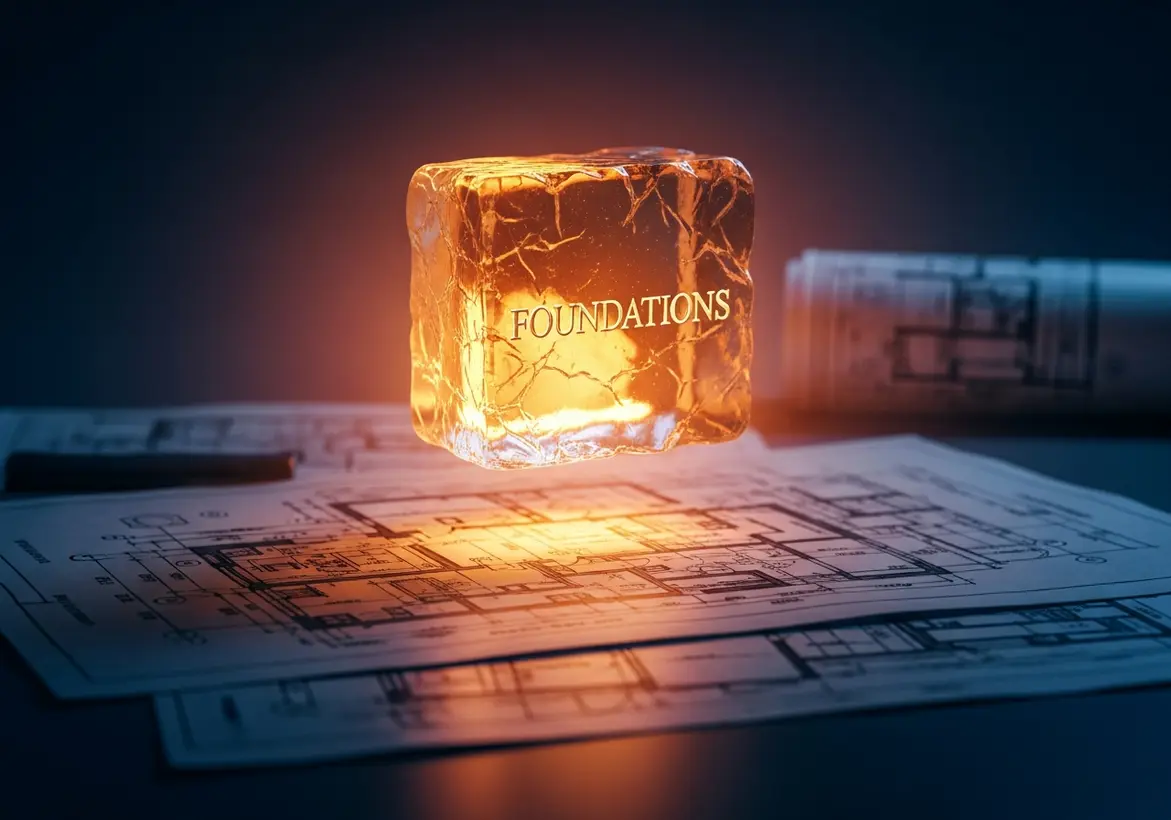 A glowing amber cube etched with the word "FOUNDATIONS" floating above architectural blueprints and floor plans on a dark desk.