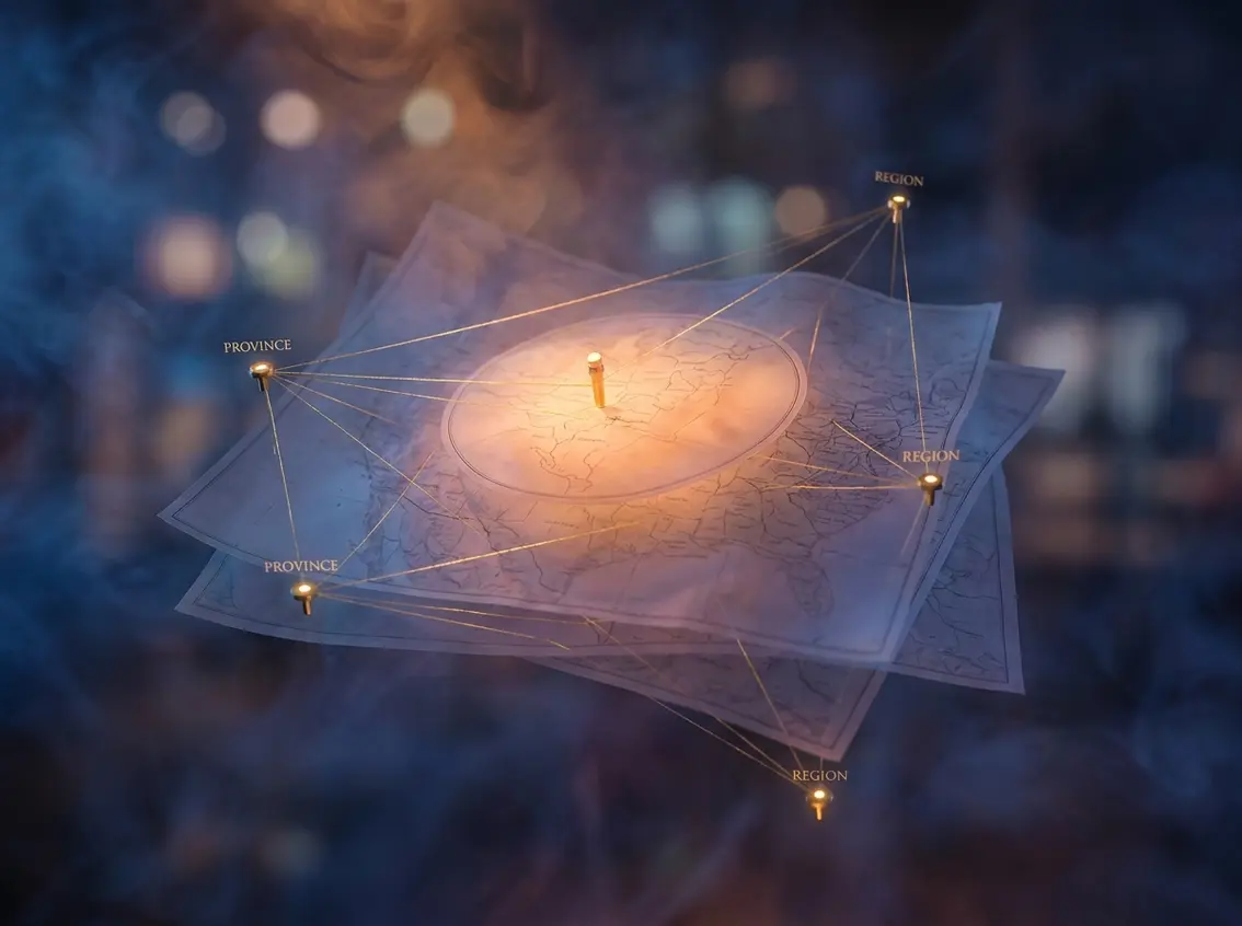 A floating geographic map with glowing pins connected by geometric lines representing interprovincial sales tax revenue mapping across regions