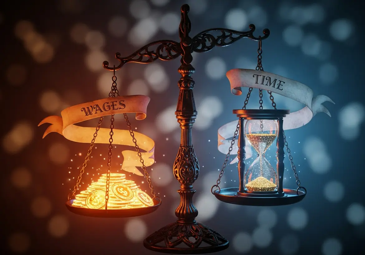 A vintage balance scale weighing a pile of glowing gold coins labeled 'WAGES' against an hourglass labeled 'TIME'.