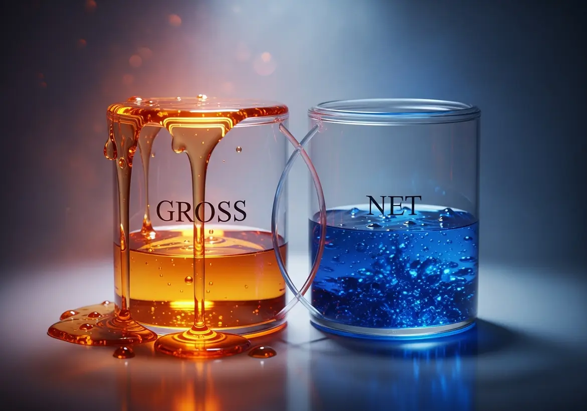 Conceptual visualization comparing gross wages vs net pay using two labeled glass containers with liquid.