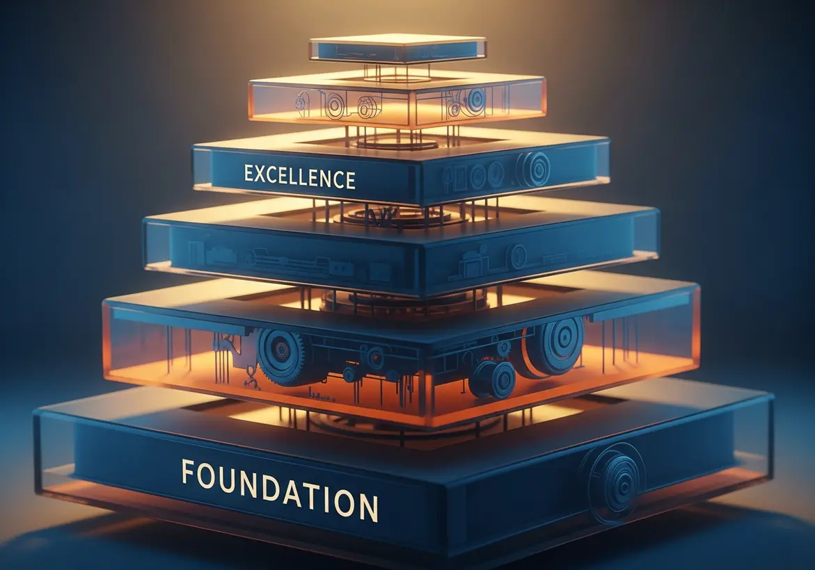A futuristic 3D illuminated pyramid structure showing stacked layers of glass and mechanical components, with the word "FOUNDATION" highlighted on the base layer and "EXCELLENCE" near the top.