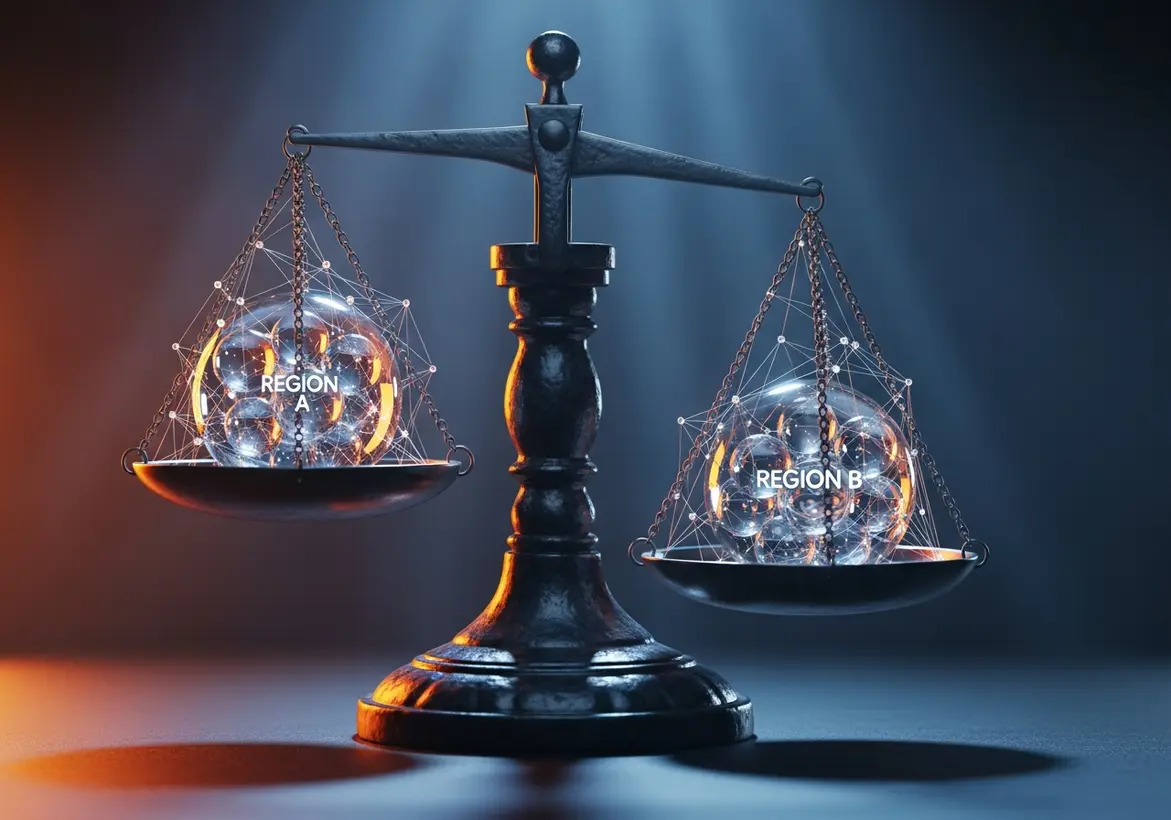 A classic dark metal balance scale holding two glowing, interconnected digital spheres labeled "REGION A" and "REGION B," representing regional financial weighing.
