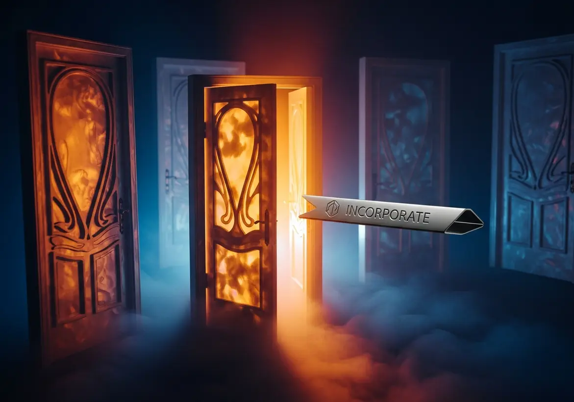 Multiple ornate doors in a dark, misty room with one central door glowing bright orange, featuring a 3D silver "INCORPORATE" banner pointing toward the light.