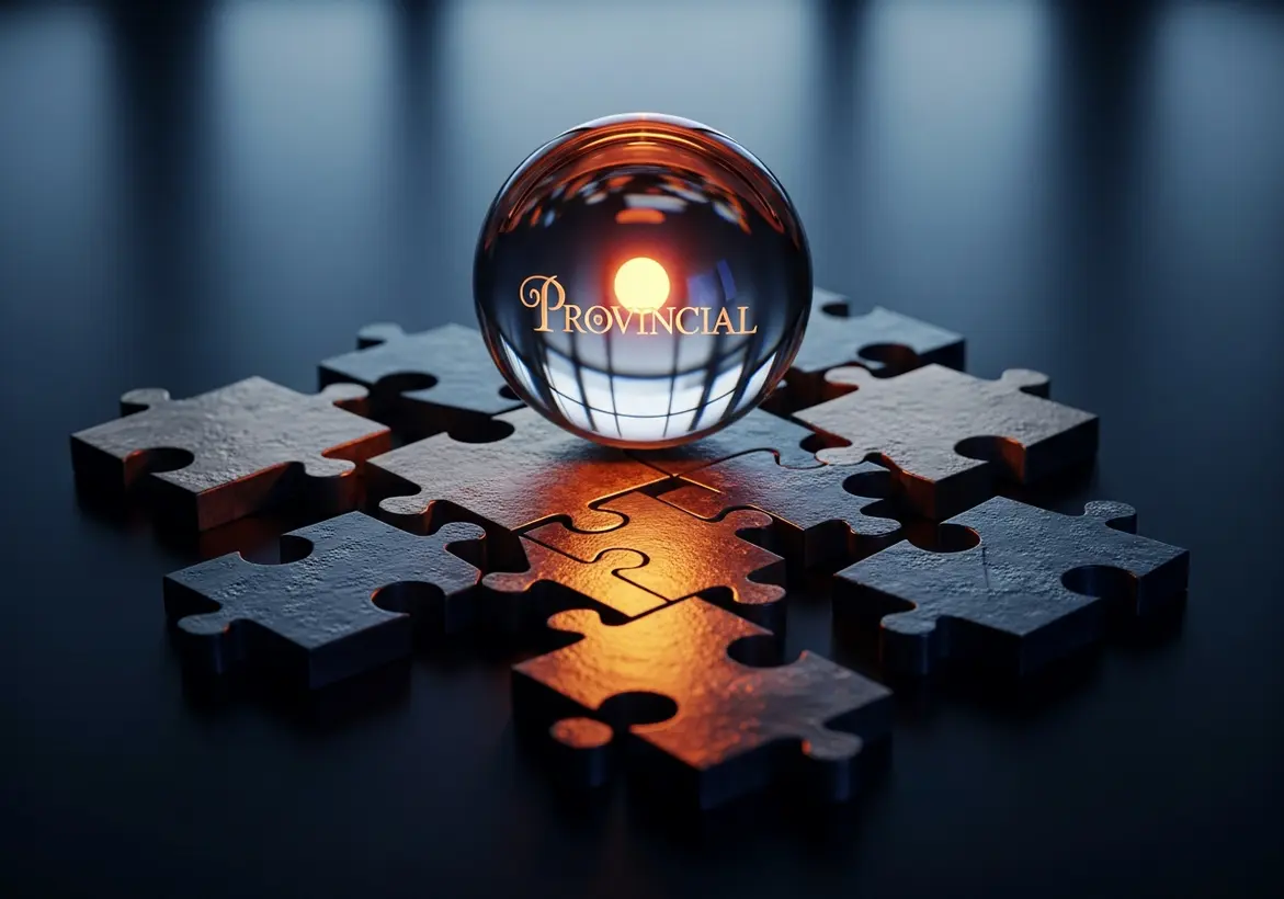A glowing crystal sphere with the word "PROVINCIAL" inside, resting on top of several interlocking dark puzzle pieces on a reflective surface.