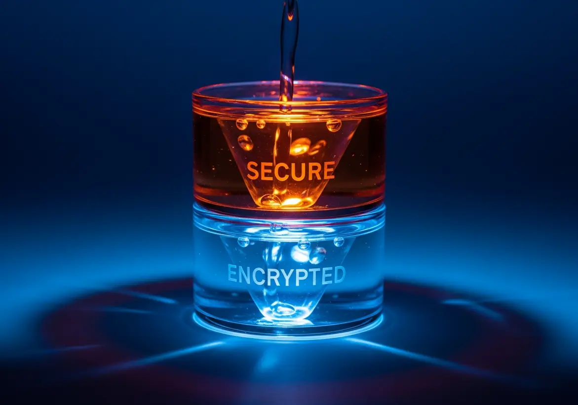 Artistic representation of two stacked glass vessels with liquid flowing through them, labeled "SECURE" and "ENCRYPTED" in neon lights against a deep blue background.