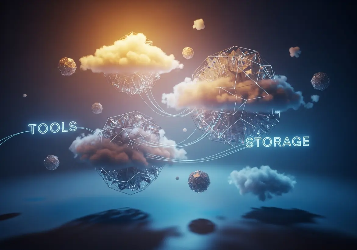 Conceptual 3D visualization of glowing clouds connected to geometric spheres labeled "Tools" and "Storage," representing an integrated cloud financial ecosystem.