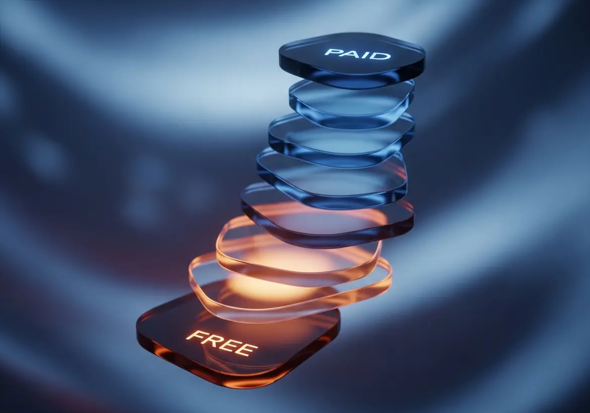 A conceptual 3D illustration of transparent blue and orange glass steps ascending from a base labeled "FREE" to a top tier labeled "PAID," symbolizing the growth of a financial tech stack.