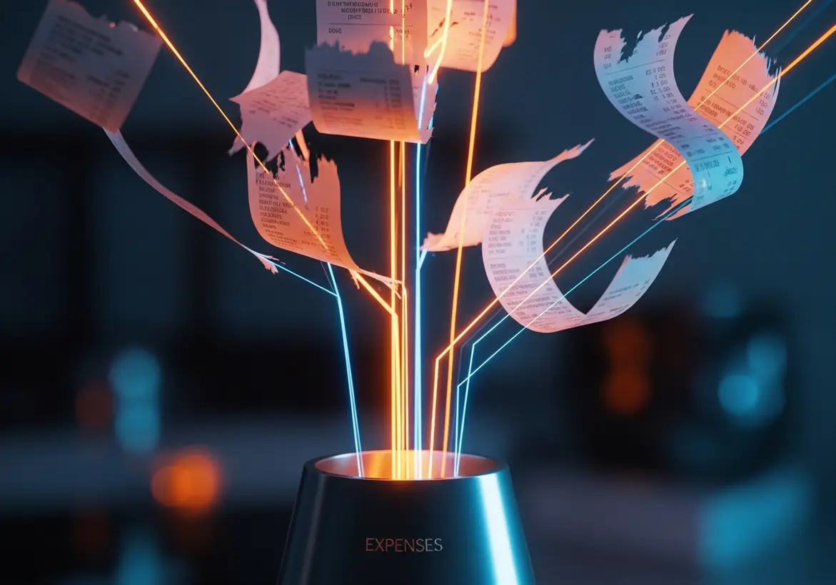 A futuristic digital vase labeled "EXPENSES" with glowing orange and blue light beams shooting upward, holding floating digital receipts to represent automated expense management.