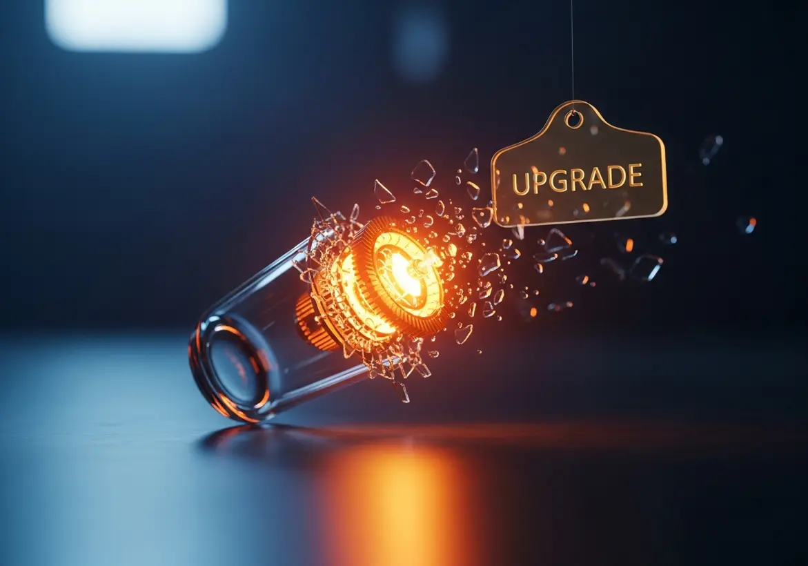 A high-tech glass capsule shattering under the pressure of a glowing internal light, positioned next to a hanging gold tag labeled "UPGRADE," symbolizing a system breakthrough and technological scaling.