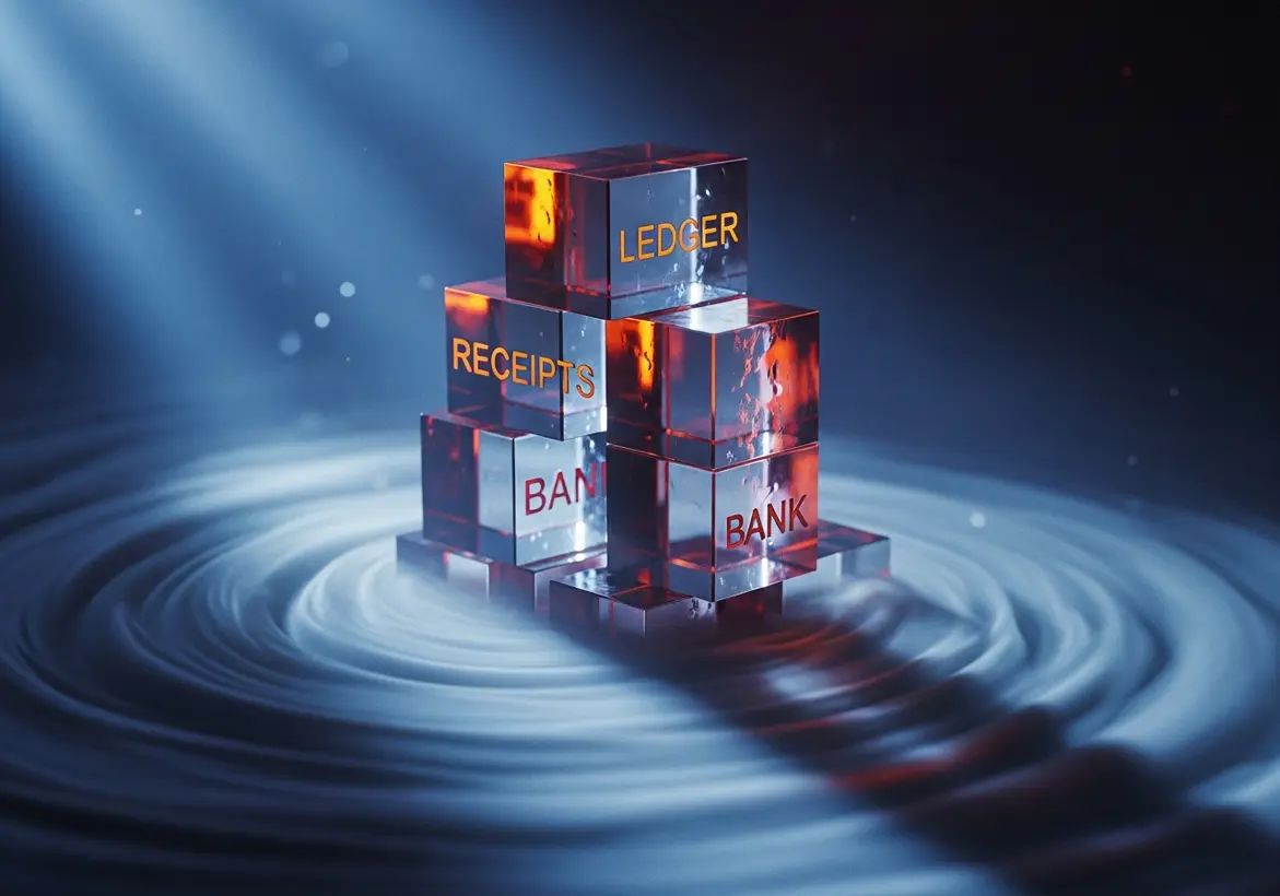 A conceptual 3D illustration of glowing glass cubes labeled Ledger, Receipts, and Bank stacked in a pyramid shape over a swirling blue liquid background, symbolizing a stable financial foundation.