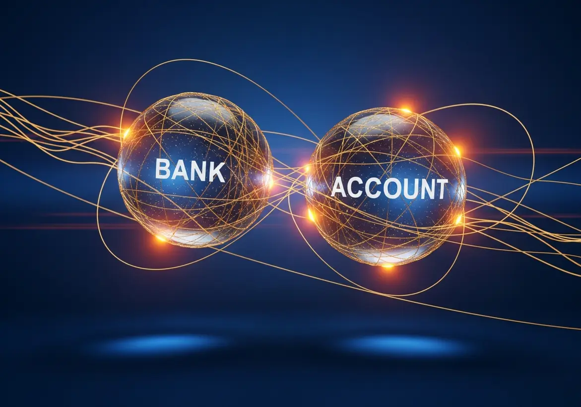 An abstract digital visualization of two glowing spheres labeled Bank and Account connected by golden data lines, representing secure bank feed integration and financial connectivity.