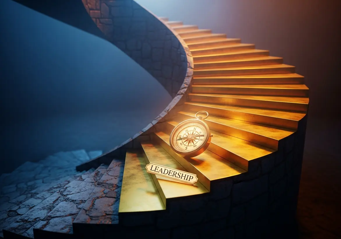 A golden spiral staircase representing a startup's upward trajectory, featuring a compass and "LEADERSHIP" plaque to illustrate the guidance of a fractional CFO.