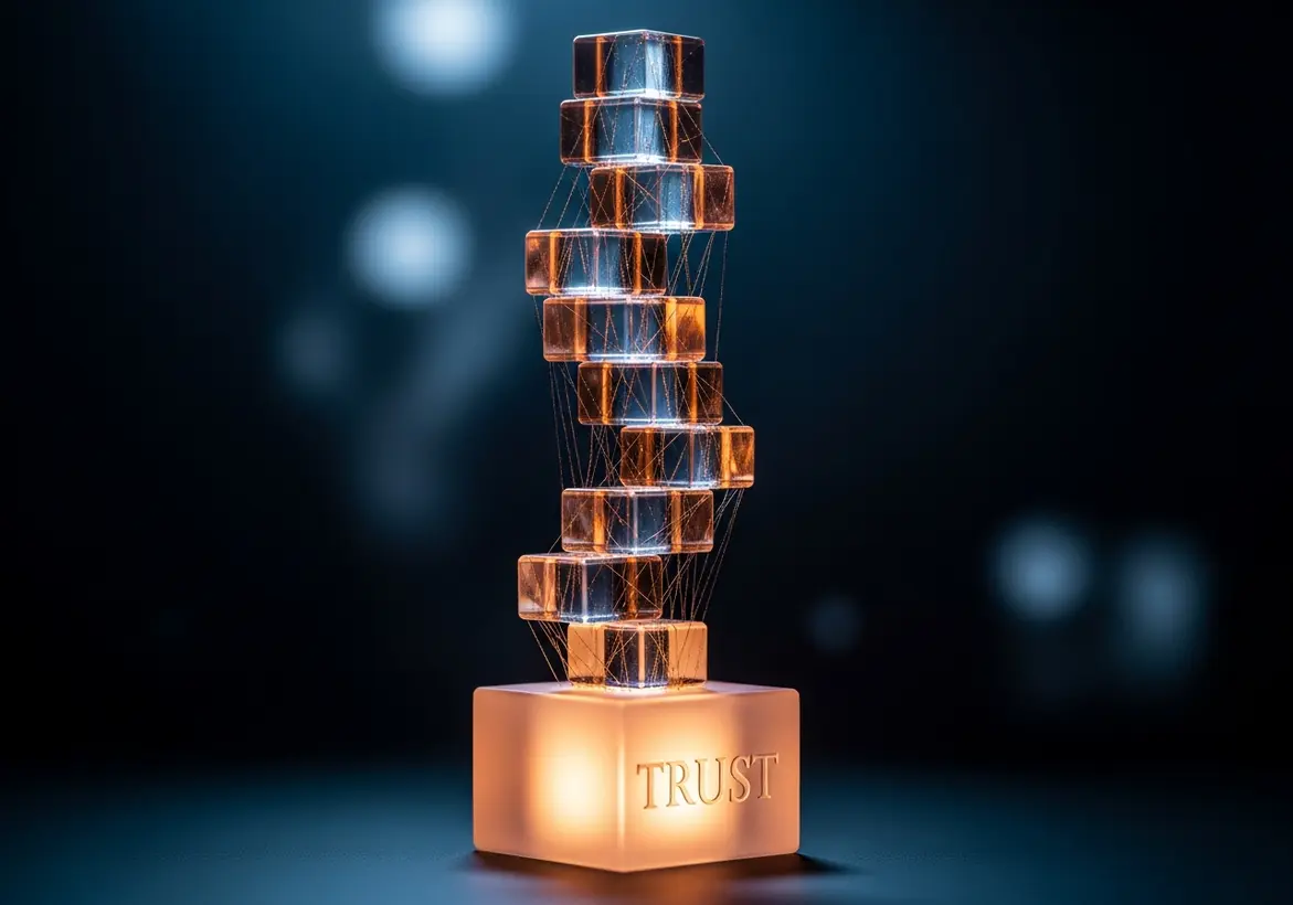 A glowing stack of glass blocks interconnected by light, resting on a base labeled "TRUST" to represent the solid financial foundation required for investors.