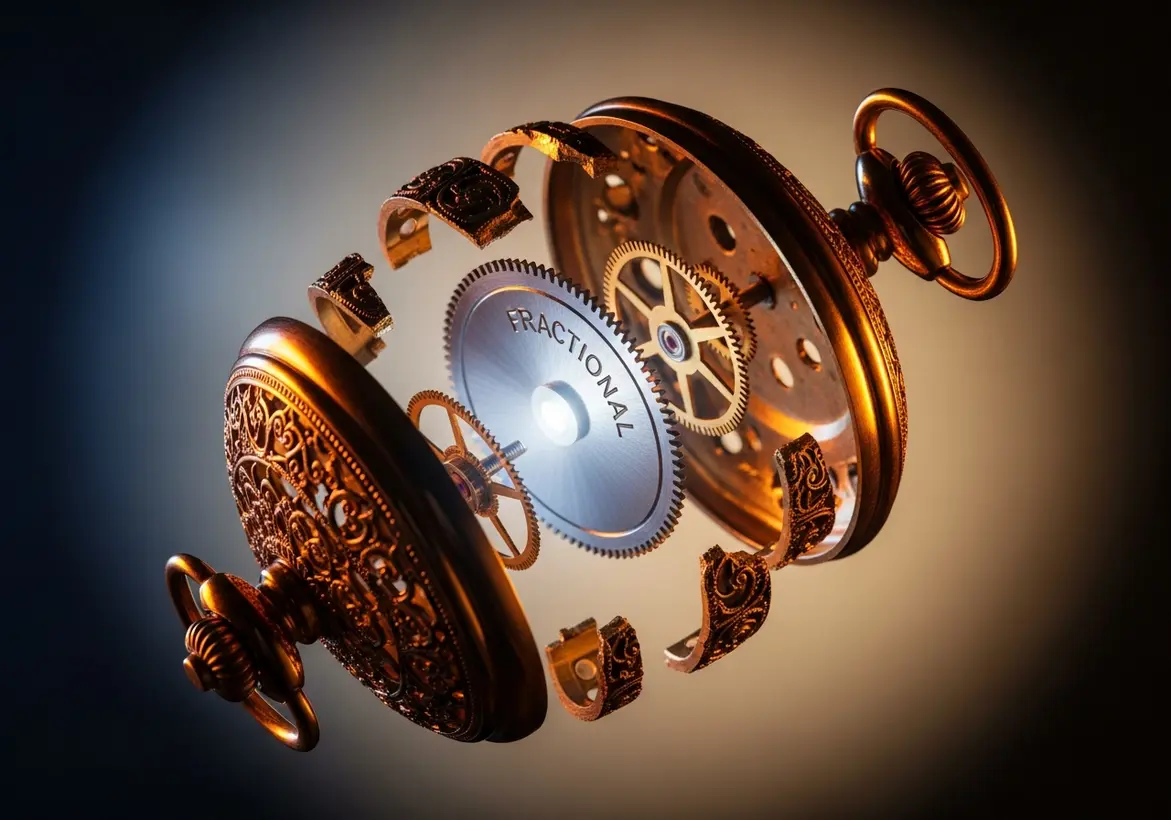 An ornamental bronze pocket watch floating and separated into its internal components, with the word "FRACTIONAL" engraved on a central glowing gear to represent fractional CFO services.