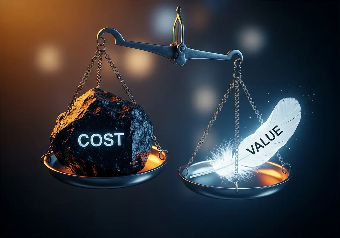 A balanced scale showing a heavy dark rock labeled "COST" on one side and a glowing white feather labeled "VALUE" on the other, illustrating the high ROI of strategic financial investments.