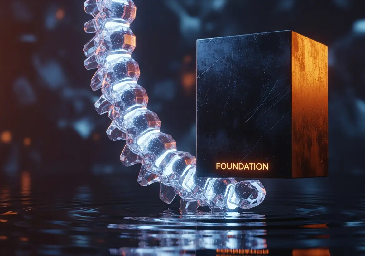 A glowing, translucent crystalline spine supporting a solid dark monolith labeled "FOUNDATION" above a dark water surface, representing the strength and clarity of a robust financial system.