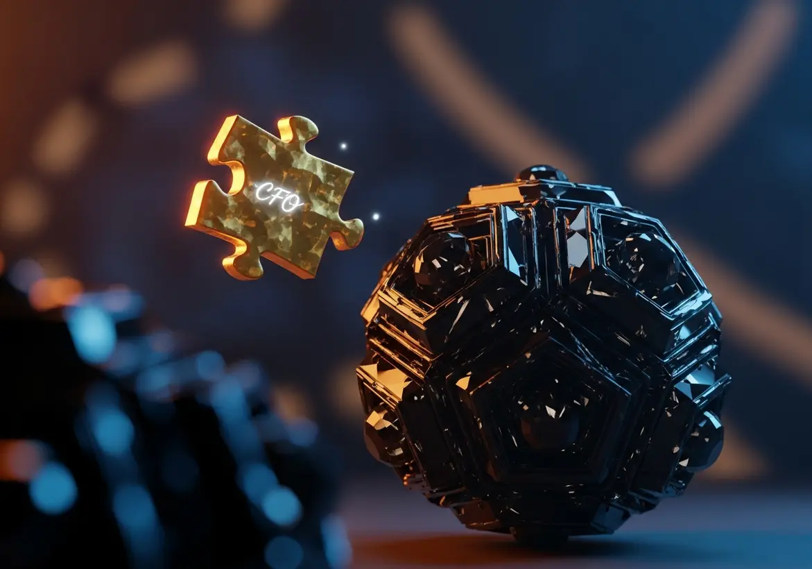 A glowing golden puzzle piece labeled "CFO" floating toward a complex, dark geometric sphere, symbolizing the integration of executive financial leadership into a business structure.