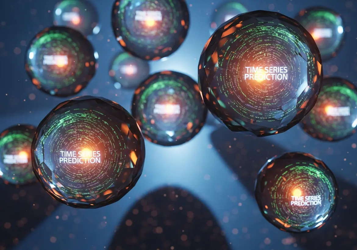 Abstract 3D glass spheres floating in a digital space containing glowing data networks and text that reads Time Series Prediction.
