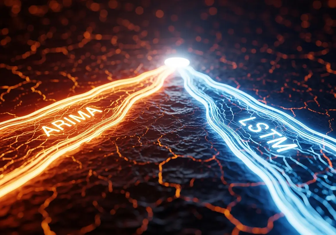 A digital landscape showing two glowing neon pathways labeled ARIMA in orange and LSTM in blue converging at a single bright point of light.