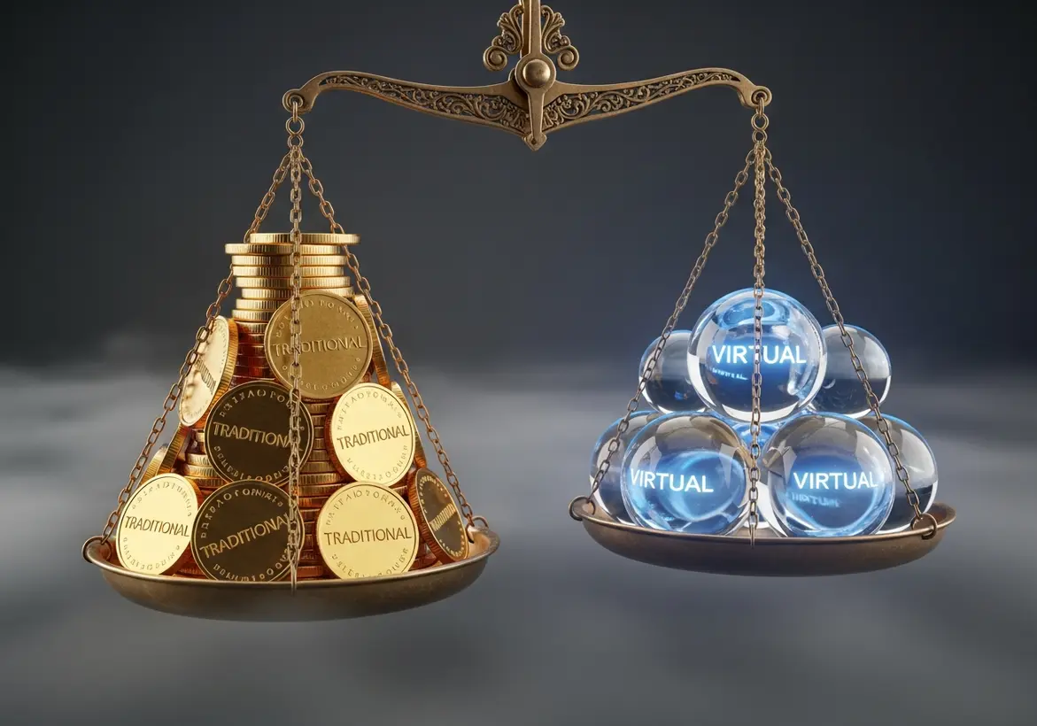 A set of vintage brass scales balancing a pile of gold coins labeled "Traditional" against glowing blue spheres labeled "Virtual," symbolizing the cost-benefit analysis of financial leadership models.