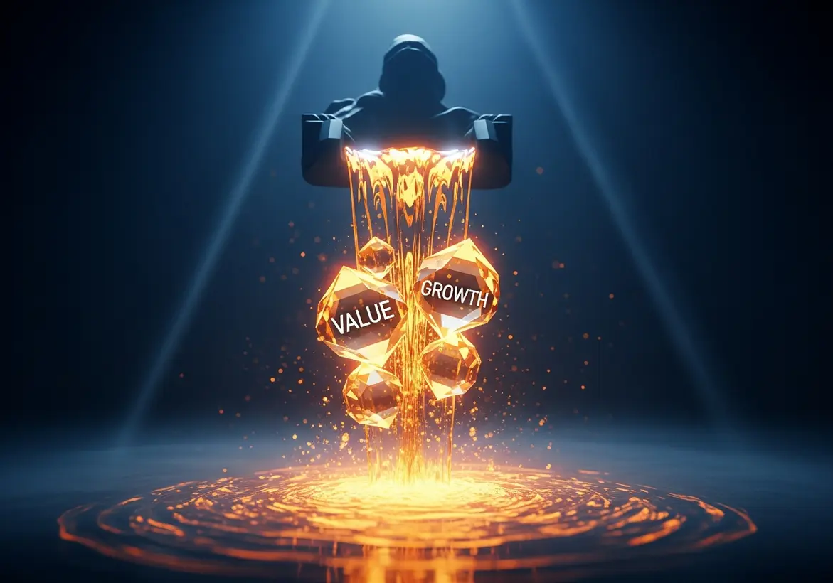 A silhouette pouring molten liquid that crystallizes into glowing gems labeled "Value" and "Growth," representing the transformation of financial strategy into business success.