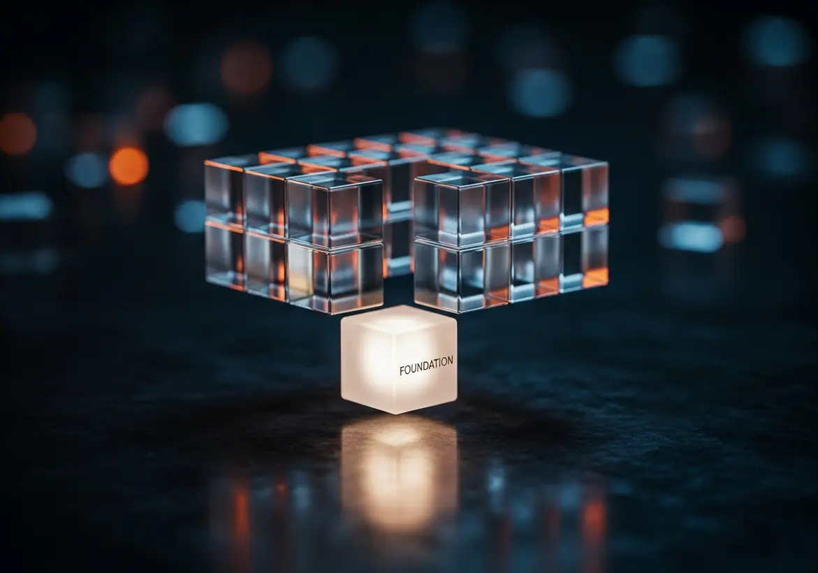 Alt text: A glowing white cube labeled "FOUNDATION" perfectly balancing an elevated, interlocking structure of transparent glass cubes, representing a stable financial architecture for business operations.