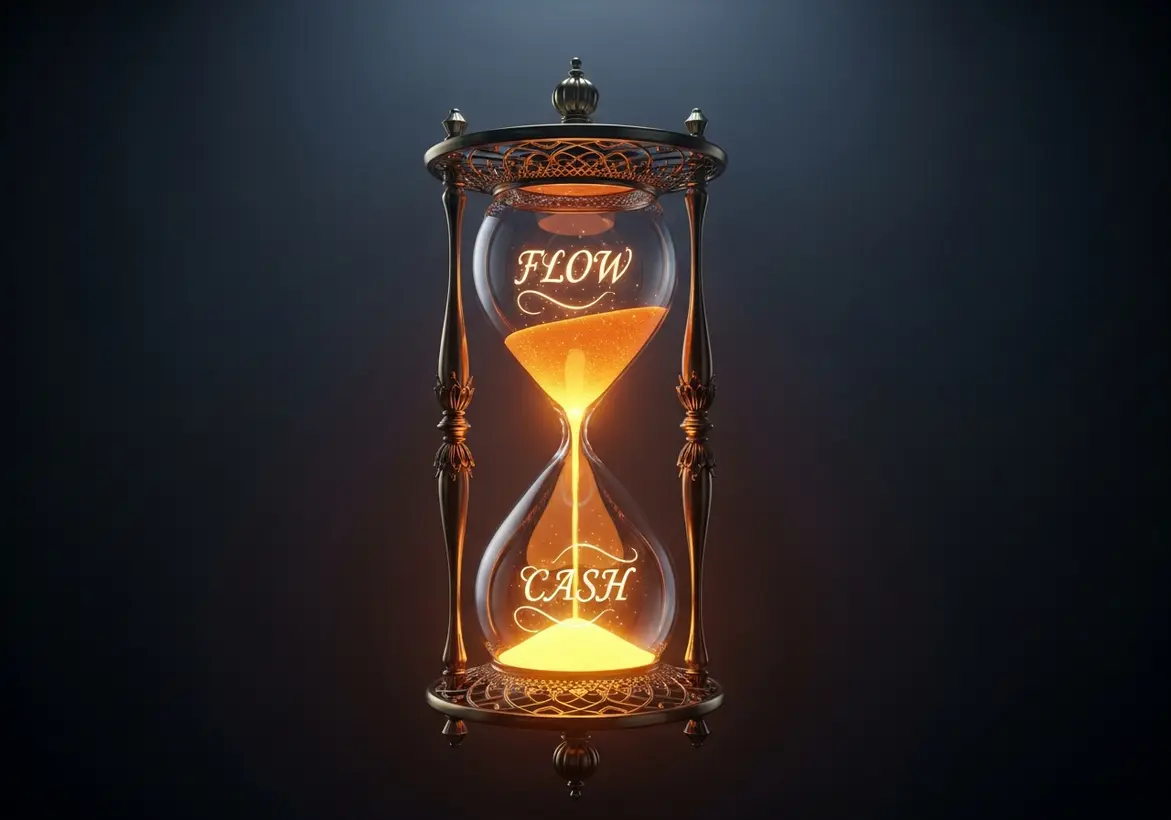 An ornate bronze hourglass against a dark background with illuminated gold sand flowing from the top section labeled "FLOW" to the bottom section labeled "CASH", symbolizing the continuous movement of cash flow over time.