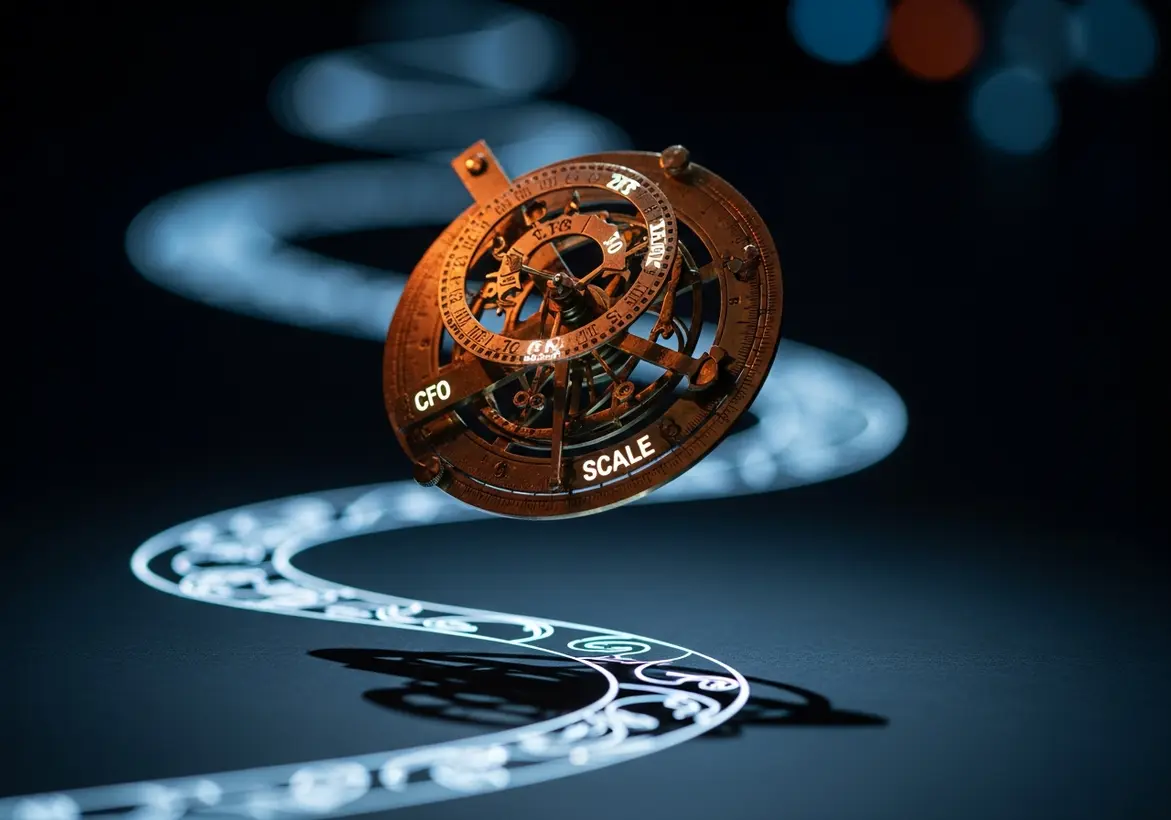 A vintage brass astrolabe instrument engraved with the words "CFO" and "SCALE" floating above a winding, illuminated winding path, symbolizing strategic financial navigation and growth.