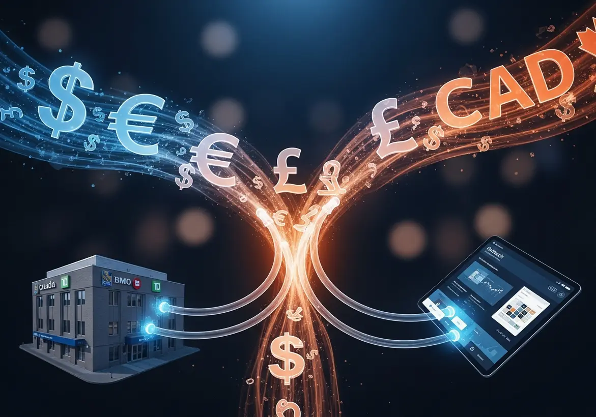 A digital illustration showing a traditional bank building and a tablet with a financial dashboard connected by glowing data streams carrying currency symbols for Dollar, Euro, Pound, and CAD.