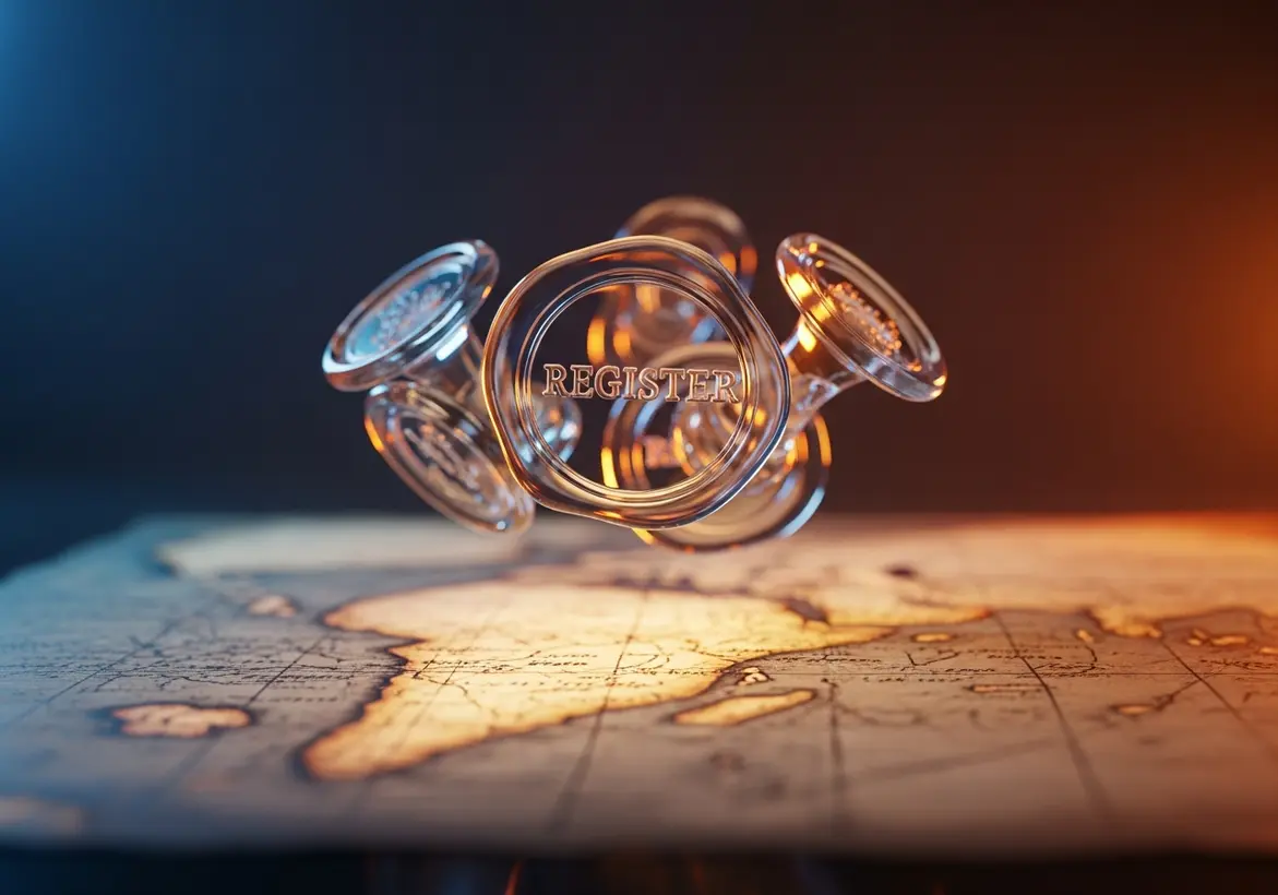 A 3D glass seal with the word "REGISTER" floating above a vintage-style map of Africa and the Middle East, symbolizing global legal identity and expansion.