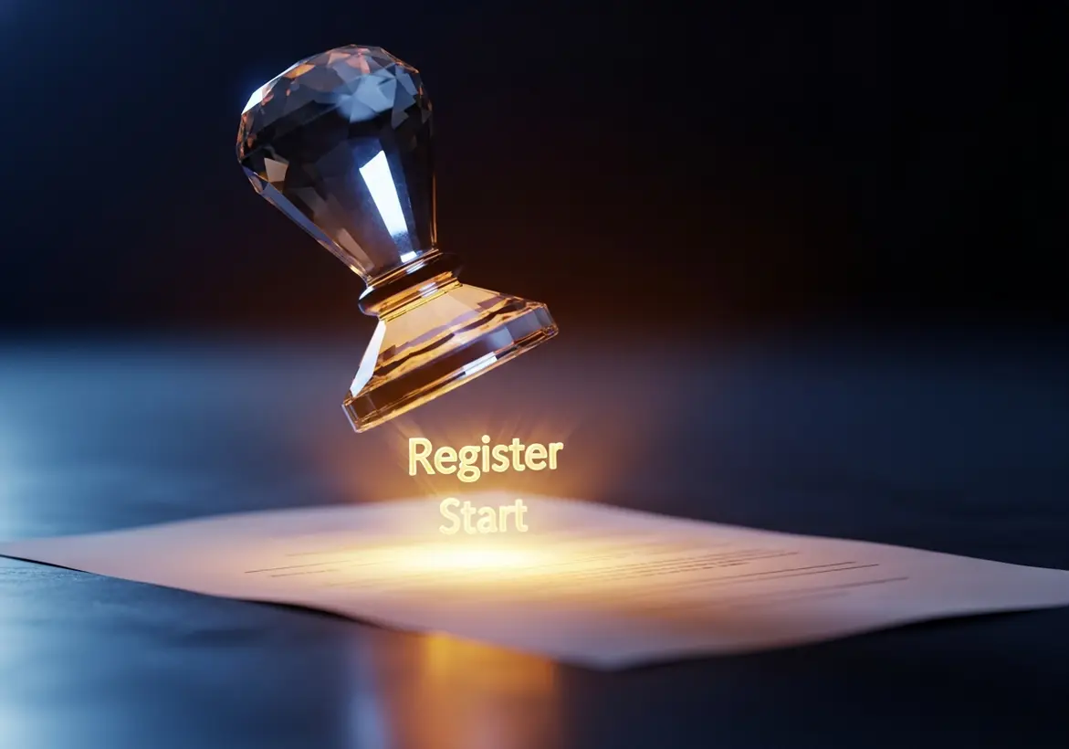 A crystal stamp suspended in mid-air above a white document, with glowing light illuminating the words "Register Start" on the page below it.