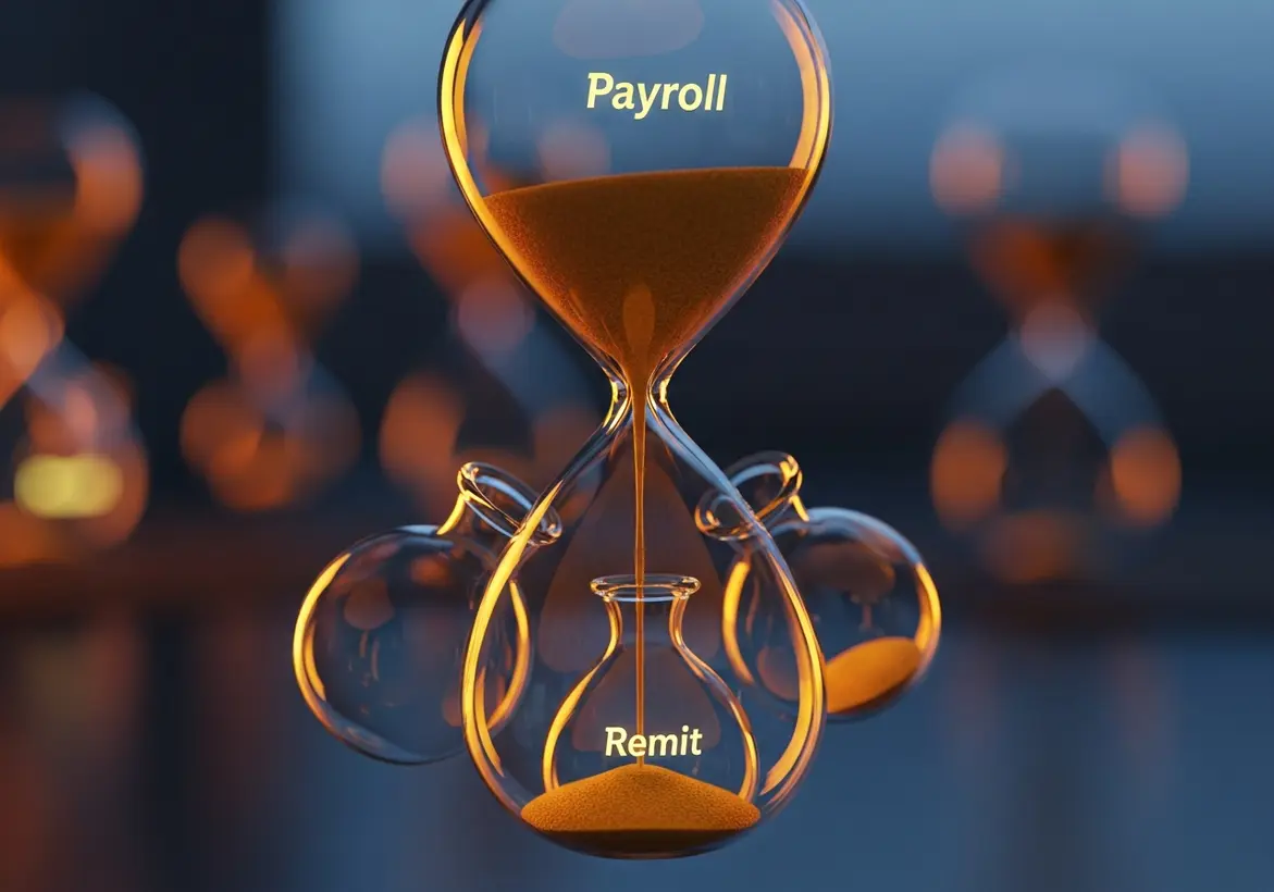 A close-up of a clear glass hourglass with orange sand flowing from the top bulb labeled "Payroll" into the bottom bulb labeled "Remit", set against a blurry background of other hourglasses.