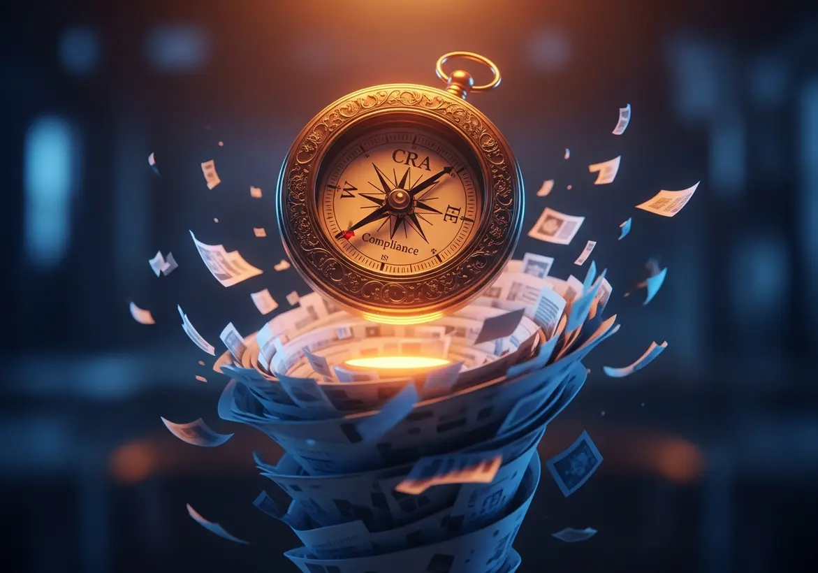 An ornate golden compass with the word "CRA" at the north position and the needle pointing toward the word "Compliance" at the south position, hovering over a swirling vortex of white documents on a dark blue background.