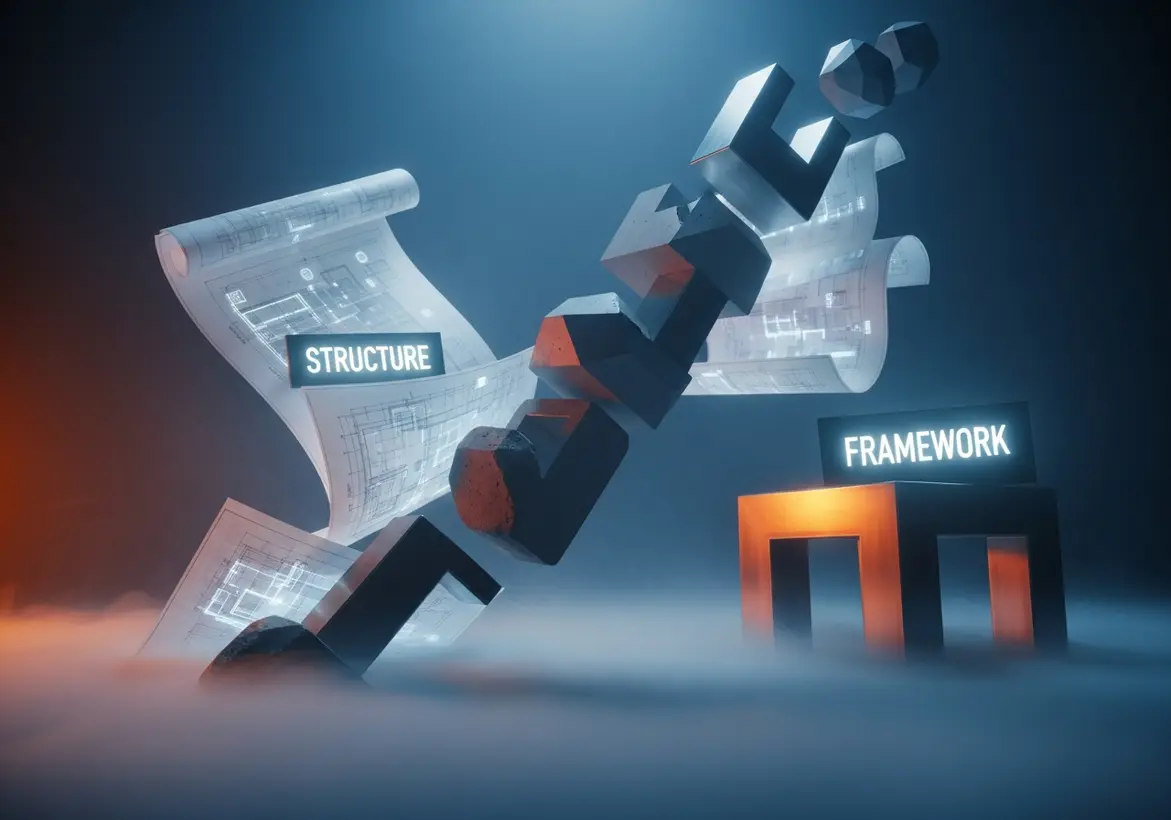 Abstract 3D architectural elements and blueprints floating in a mist, featuring glowing signs for "Structure" and "Framework" to represent corporate architecture.